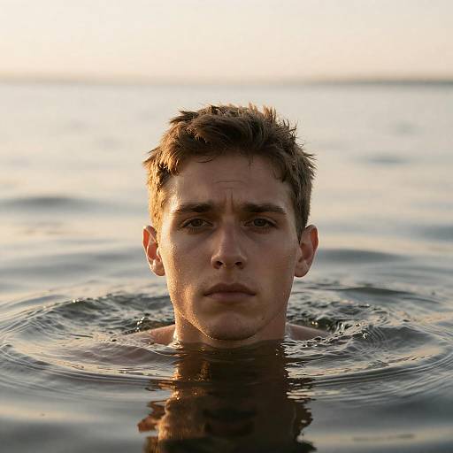 Young Man Partially Submerged in Calm Water