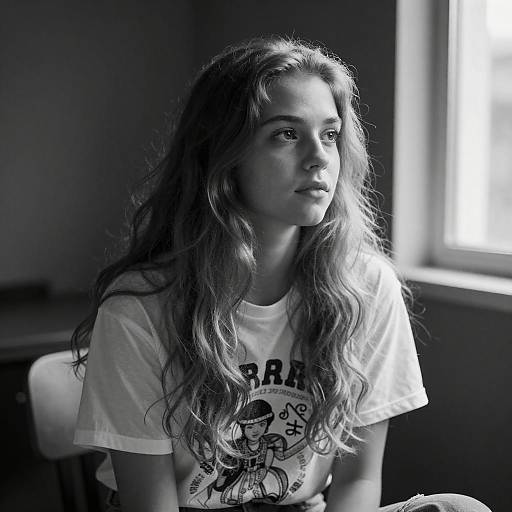 Thoughtful Young Woman in Black-and-White