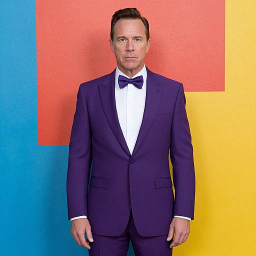 Photograph of a handsome middle-aged man with short brown hair, wearing a navy suit, white shirt, and black bow tie, standing against a colorful