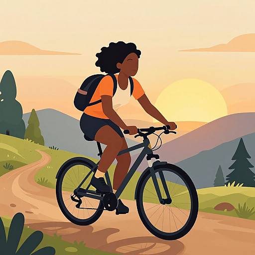 Digital illustration of a dark-skinned woman with curly hair, wearing an orange shirt, black shorts, and backpack, cycling on a winding path during a