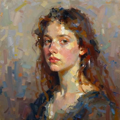 Impressionist-style painting of a young woman with brown hair, soft pink cheeks, and a contemplative expression, using bold, textured brushstrokes