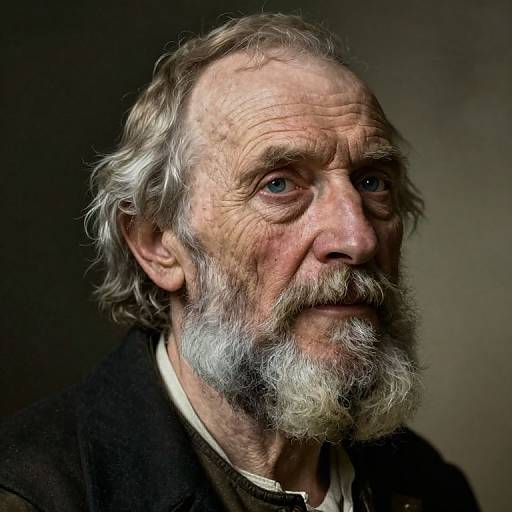 Photograph of an elderly man with a weathered face, white curly hair, and full gray beard, wearing a dark jacket over a brown shirt,