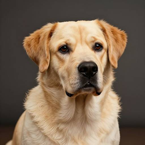 Photograph of a golden retriever with creamy fur, floppy ears, and dark brown eyes, standing against a plain black background.