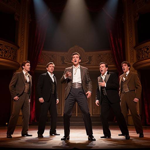 Photograph of five male actors in period suits, standing on a stage with ornate, dimly lit background. Central actor, with open shirt,