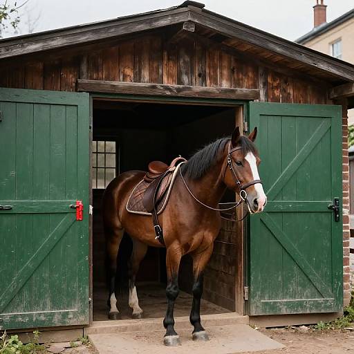 Photograph of a brown horse with a white face standing in a wooden stable with green doors, wearing a saddle and bridle.