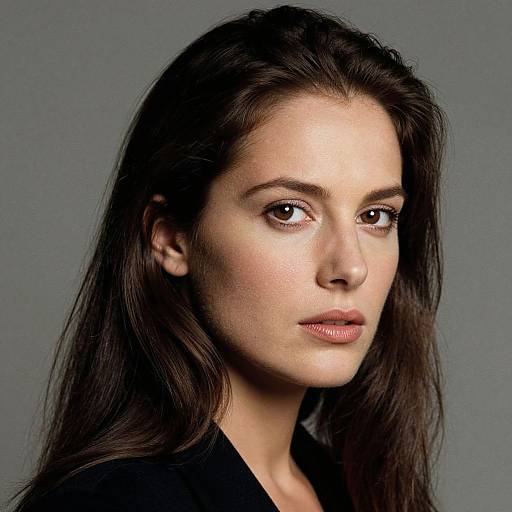 Photograph of a young woman with fair skin, dark brown hair, and brown eyes, wearing a black top, against a gray background.