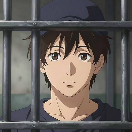 Anime-style digital drawing of a young man with dark hair and brown eyes, wearing a black cap, behind metal prison bars.