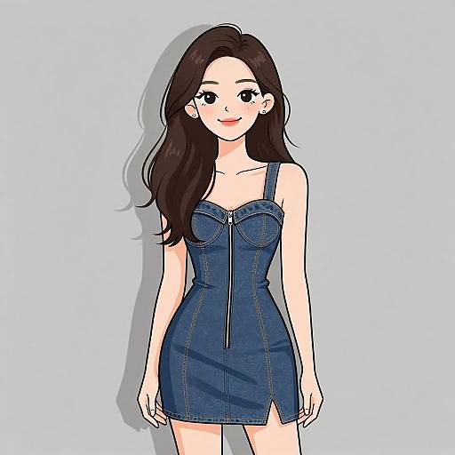 Digital illustration of a smiling Asian woman with long black hair, wearing a blue denim dress with straps, standing against a light blue background.