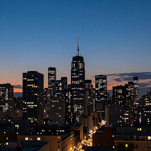 Photograph of a city skyline at dusk, featuring illuminated skyscrapers with a deep blue sky transitioning to orange hues near the horizon.