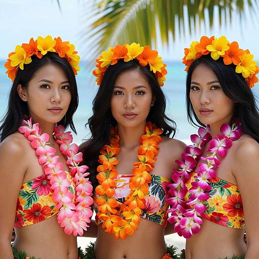 Photograph of three Asian women with dark hair, wearing vibrant orange and pink flower leis, and matching floral bikinis, standing outdoors with palm trees