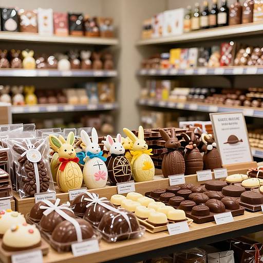 Photograph of a candy store display featuring colorful Easter bunny-shaped chocolates, wrapped chocolates, and assorted dark and milk chocolate treats. Blurred shelves in background