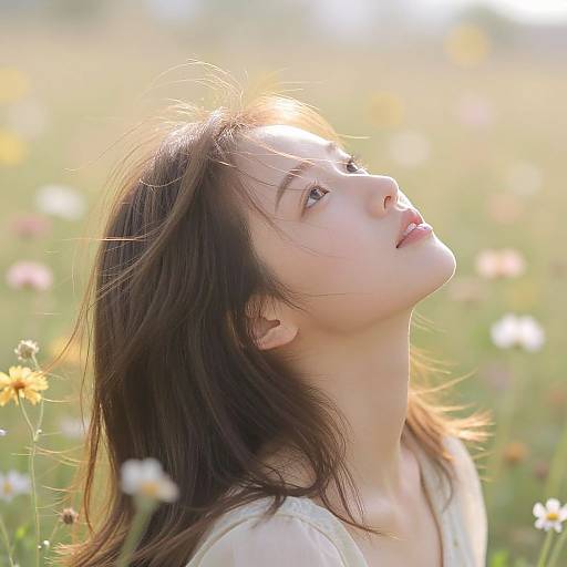 Photograph of an Asian woman with long brown hair, looking up at sunlight, in a sunlit meadow with blooming flowers.
