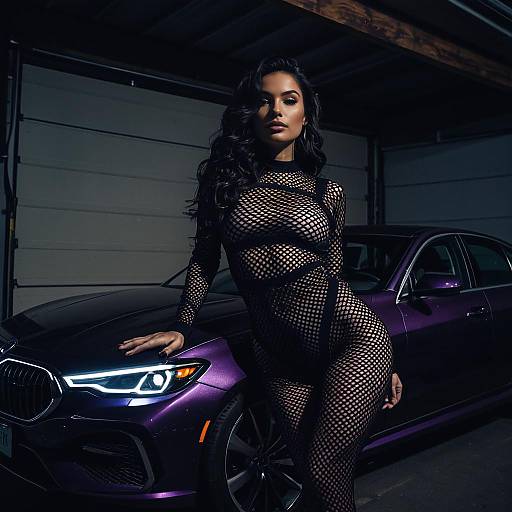 Fashion Model in Fishnet Dress by Purple Car