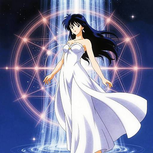 Anime-style digital drawing of a long-haired black-haired woman in a flowing white dress, standing in front of a glowing, circular, starburst background with