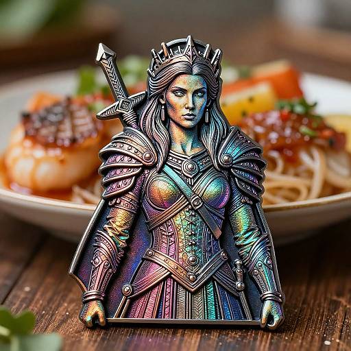 Photograph of a metallic, iridescent, armored female warrior figurine with a crown, standing in front of a blurred plate of pasta and food