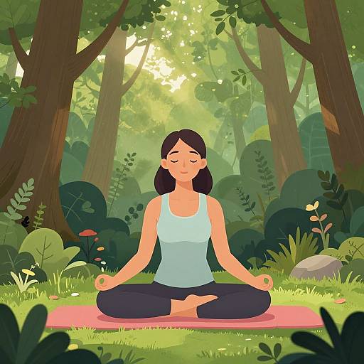 Digital illustration of a woman with black hair, wearing a light blue tank top and black pants, meditating in a sunlit forest on a pink mat