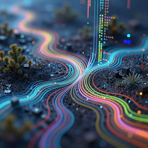Digital artwork of wavy, neon-lit pathways in a dark, blurry landscape with small, glowing plants and colorful, vertical data streams.