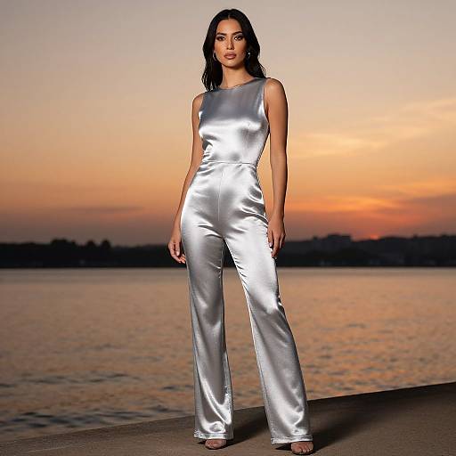 Photograph of a woman with long black hair in a shiny silver sleeveless jumpsuit, standing against a sunset over a calm lake.