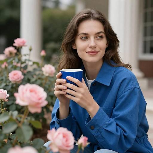 Woman Enjoying Drink Outdoors Among Roses