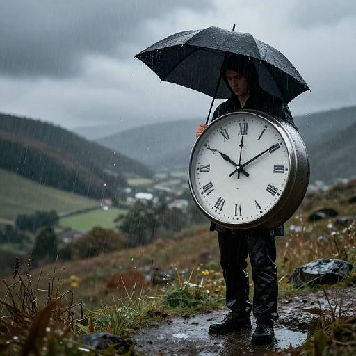 Photograph of a person holding a large clock under a black umbrella in a rainy, mountainous landscape with overcast skies.