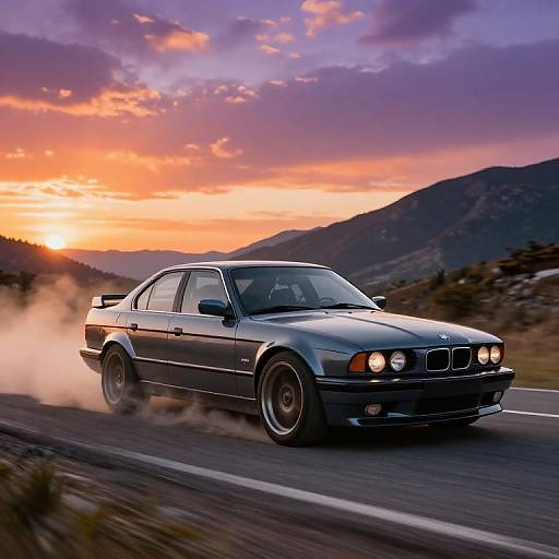 E34 Car Racing at Sunset Mountains