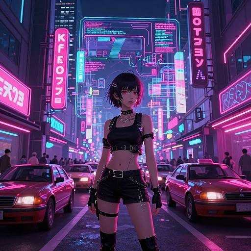Neon-lit cyberpunk city street at night, featuring a goth girl in black leather outfit, short dark hair, standing confidently in front of