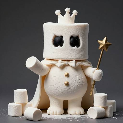 Photograph of a white marshmallow king with black eyes, crown, bowtie, gold buttons, cape, and star-topped wand, standing on