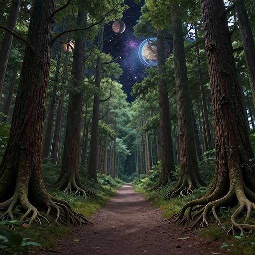 Digitally illustrated forest path with towering trees, exposed roots, and a night sky featuring planets and stars, creating a mystical ambiance.