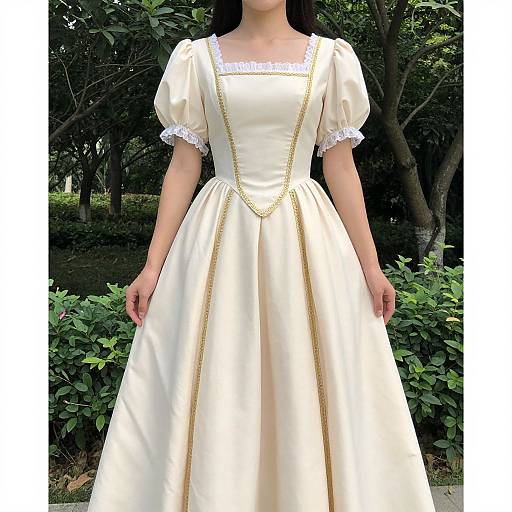 Photograph of an Asian woman in a white, puffed-sleeve, Victorian-style dress with gold trim, standing in a lush, green garden