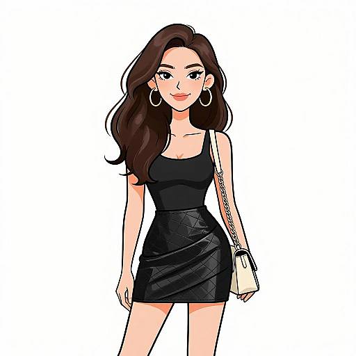 Digital illustration of a confident woman with long brown hair, wearing a black spaghetti-strap dress, black leather skirt, large hoop earrings, and white hand