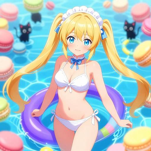 Anime Blonde Girl with Macaron Swim Rings