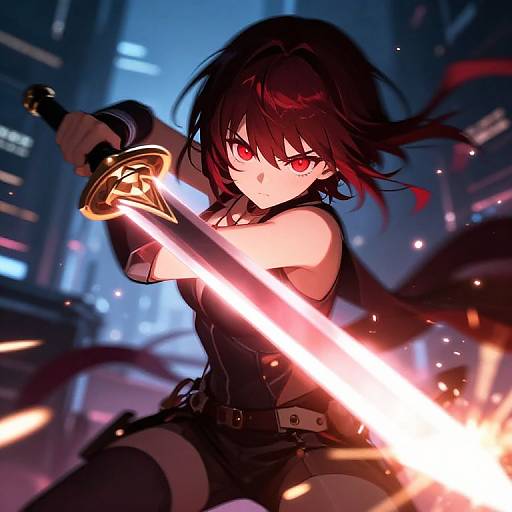 Red-Eyed Anime Girl in Cyberpunk Battle
