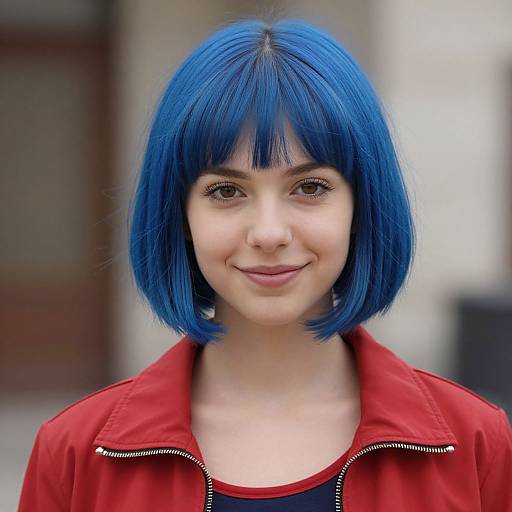 Photograph of a young woman with vibrant blue bob haircut, brown eyes, fair skin, wearing a red jacket, smiling softly. Blurred urban background