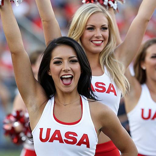 Photograph of two cheerleaders with black and blonde hair, wearing white and red USA tank tops, cheering with pom-poms, smiling exuberantly