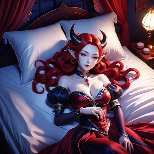 Demon Queen on Plush Bed under Moonlight