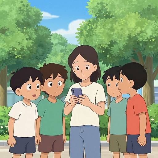 Digital illustration of a woman with black hair and a white shirt, standing with four boys in green and red shirts, looking at a smartphone in a sunny