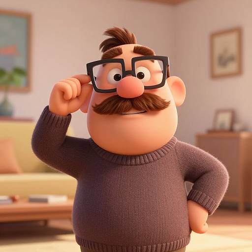 CGI cartoon of a chubby man with a brown mustache, black glasses, and a dark sweater, adjusting his glasses in a cozy living room with