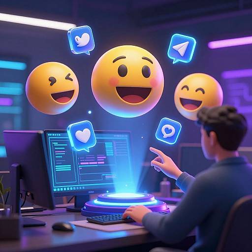 Digital artwork: Man in blue shirt at glowing computer, interacting with floating yellow smiley faces and blue emoji icons in a neon-lit, futuristic office