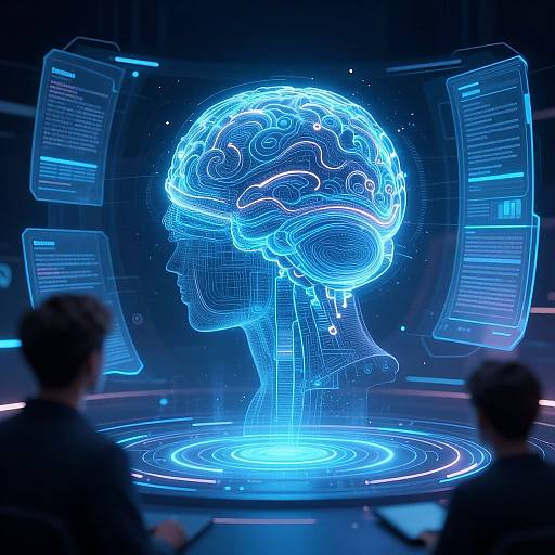 Digital CGI image of a neon blue, wireframe human head hologram hovering above a glowing circular platform, viewed from behind by two silhouetted