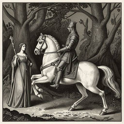 Black-and-white engraving of a medieval knight in armor riding a rearing horse, facing a standing woman in a long gown, holding a spear,