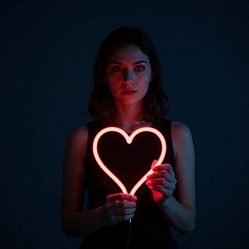 Photograph of a young woman with wavy brown hair, illuminated by a red neon heart-shaped light against a dark blue background.