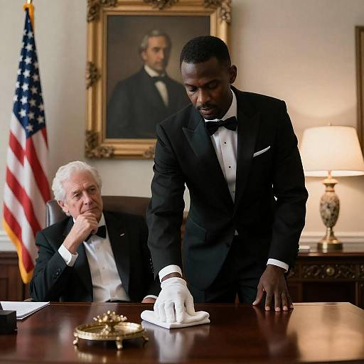 Man in tuxedo wiping desk in formal office