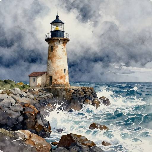 Watercolor painting of a stormy ocean lighthouse with waves crashing against rocky shore, cloudy sky, and a small house beside the lighthouse.