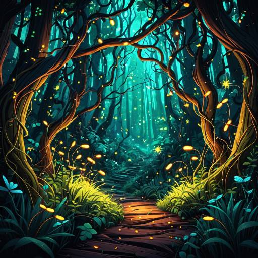 Vibrant Cartoon Forest with Fireflies