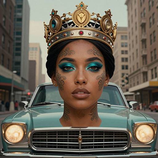 Photograph of a black woman with turquoise eyeshadow, intricate face tattoos, golden crown, and blue car, urban street background.