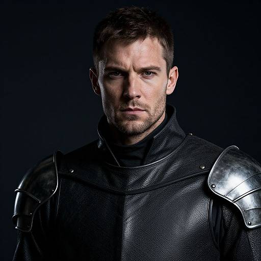 Photograph of a serious, muscular man with short brown hair, wearing black leather armor with metallic shoulder plates, against a dark background.