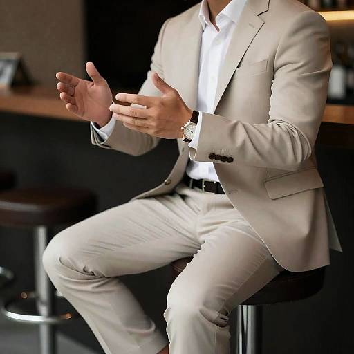 Man in Light Suit Sitting and Gesturing