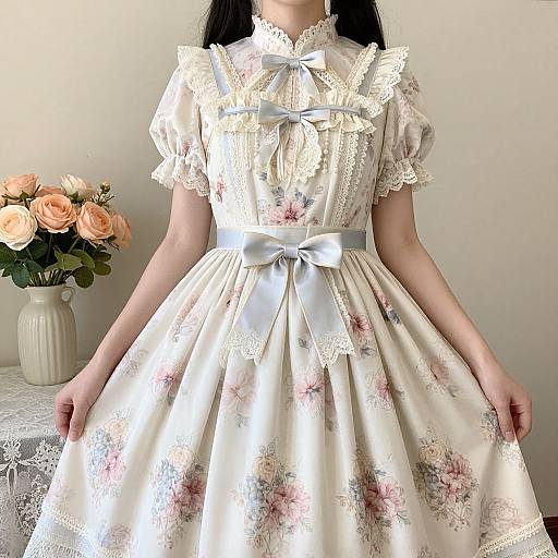 Photograph of a woman in a vintage, cream-colored floral dress with lace trim, silver ribbon, and puffed sleeves, standing in front of a