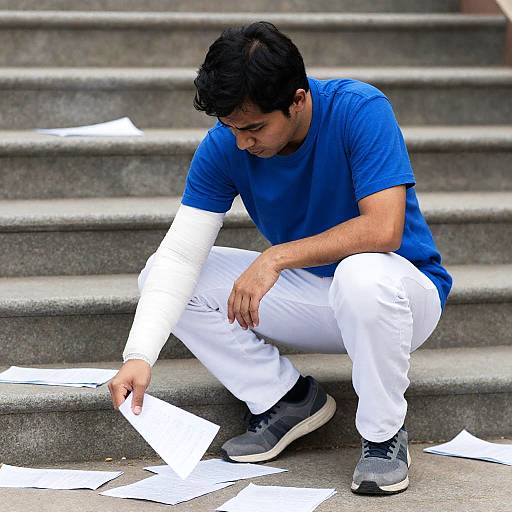Crouching Man Scattering Papers on Steps