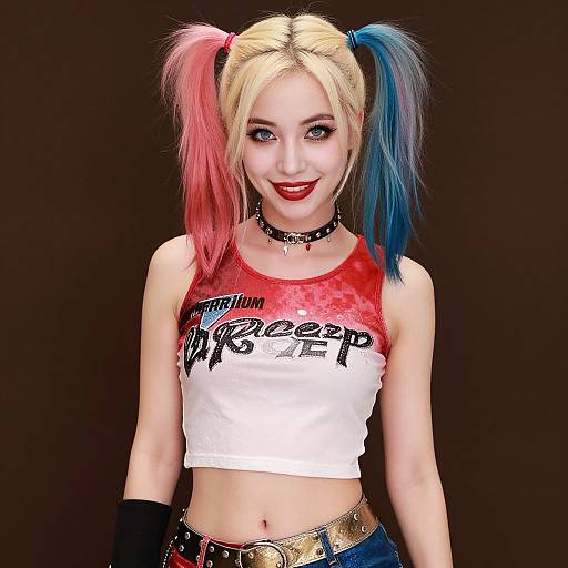 CGI image of a blonde woman with pink and blue pigtails, red lipstick, white crop top, 